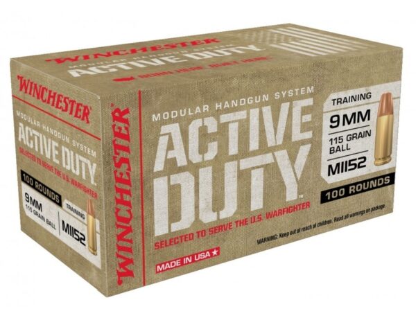 Winchester Active Duty Milspec 9mm Luger 115 Gr. M1152 Full Metal Jacket- Box of 100
