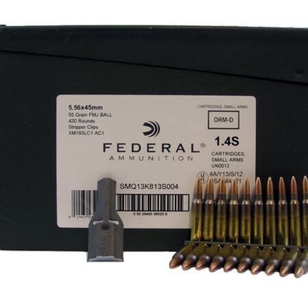 Federal 5.56x45mm 55 Gr. NATO XM193 Full Metal Jacket Boat Tail- 10 Round Clips in Ammo Can of 420 (14 Boxes of 30)