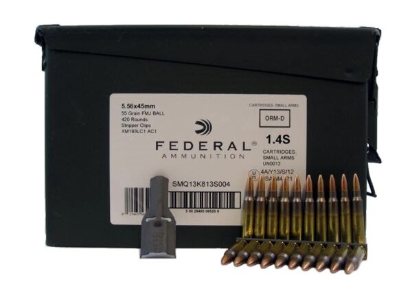 Federal 5.56x45mm 55 Gr. NATO XM193 Full Metal Jacket Boat Tail- 10 Round Clips in Ammo Can of 420 (14 Boxes of 30)