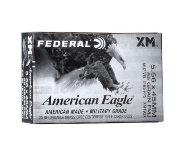 Federal American Eagle XM 5.56x45mm NATO 55 Gr. XM193 Full Metal Jacket Boat Tail- Box of 20