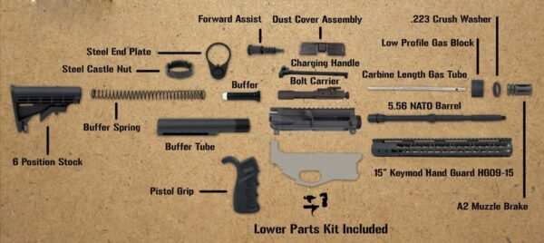 an image of the product AR15 Complete Rifle Kit 5.56 NATO 1 in 8" Twist 16" Barrel with 15" Free Float KeyMod Handguard - RK556-LPK