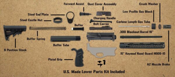 AR15 Complete Rifle Kit .300 AAC Blackout 1 in 7" Twist 16" Barrel with 15" Free Float KeyMod Handguard