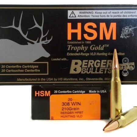 HSM Factory Blemish Trophy Gold .308 Winchester 210 Gr. Berger Hunting VLD Hollow Point Boat Tail- Box of 20
