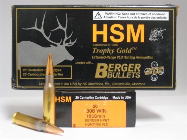 HSM Factory Blemish .308 Winchester 185 Gr. Berger Hunting VLD Hollow Point Boat Tail- Box of 20