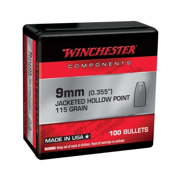 Winchester Bullets 9mm Luger (.355 Diameter) 115 Gr. Jacketed Hollow Point- Box of 100