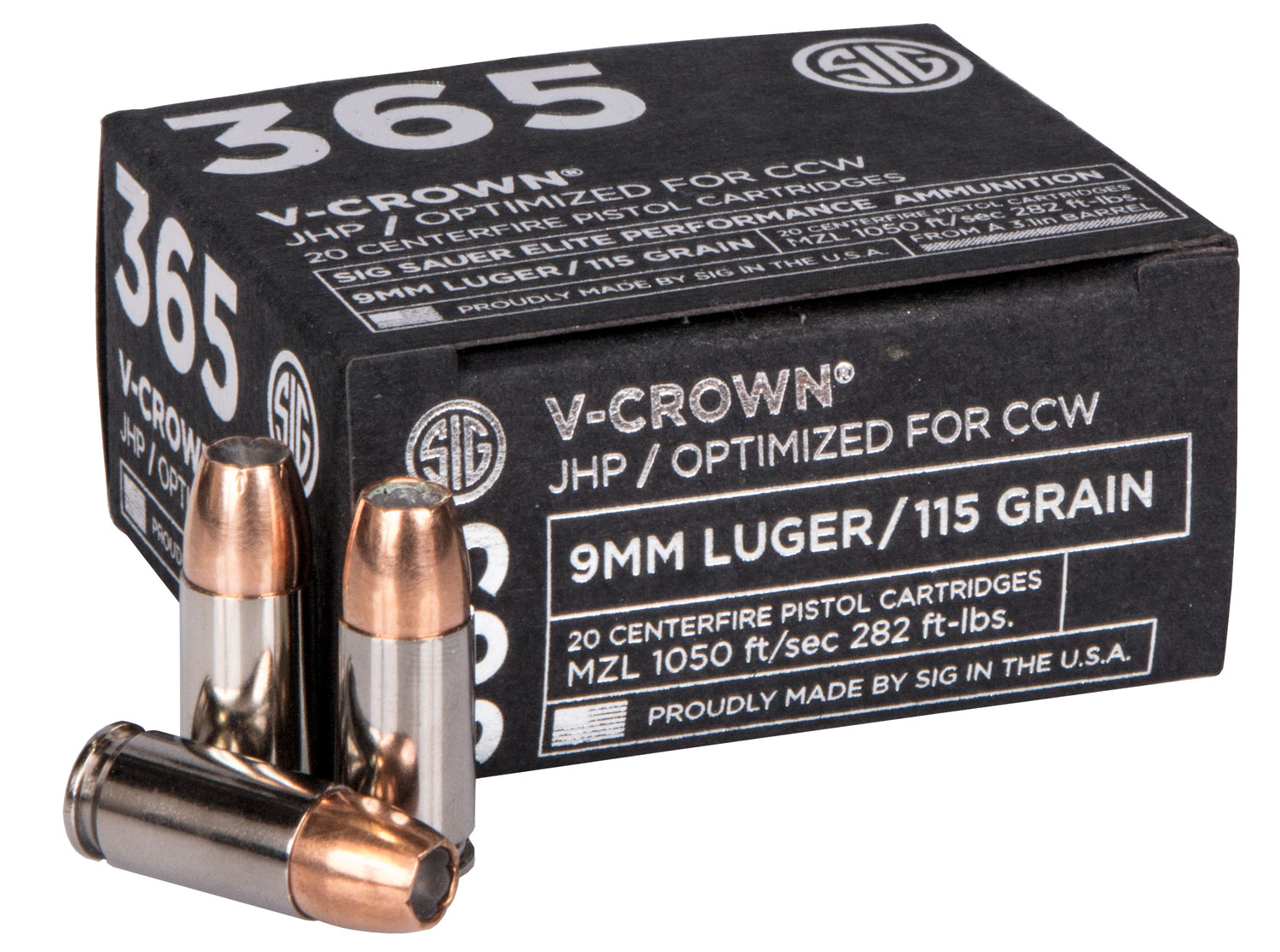 Sig Sauer E9MMA136520 Elite Performance 365 9mmLuger 115gr V-Crown Jacketed Hollow Point 20 Per Box/10 Case