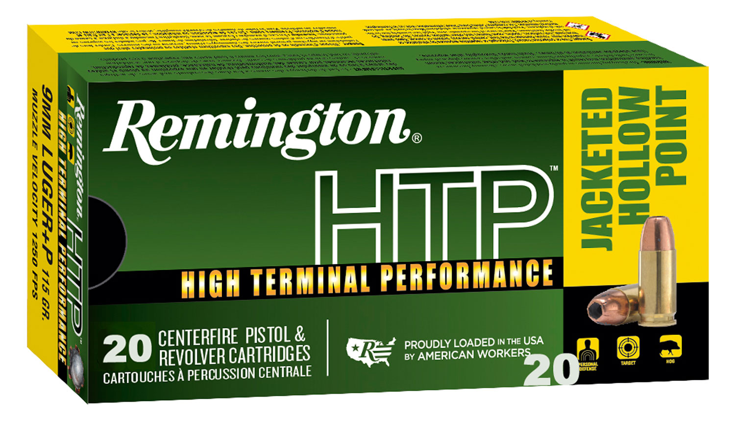 Remington Ammunition 28293 HTP 9mmLuger+P 115gr Jacketed Hollow Point 20 Per Box/25 Case