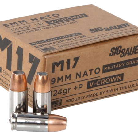 Sig Sauer E9MMA2PM1720 Military Grade M17 9mmLuger+P 124gr V-Crown Jacketed Hollow Point 20 Per Box/10 Case