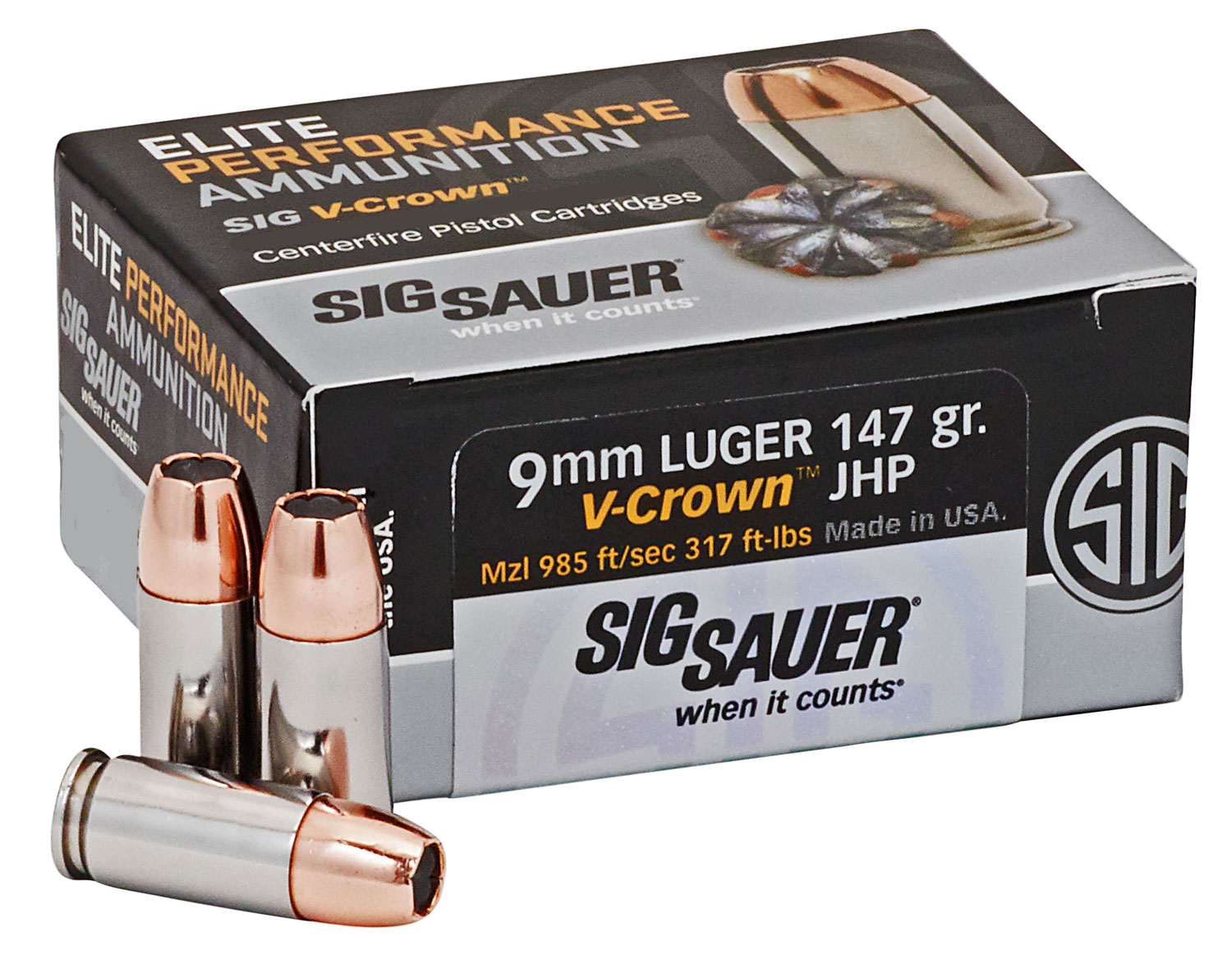 Sig Sauer E9MMA350 Elite Performance 9mmLuger 147gr V-Crown Jacketed Hollow Point 50 Per Box/10 Case