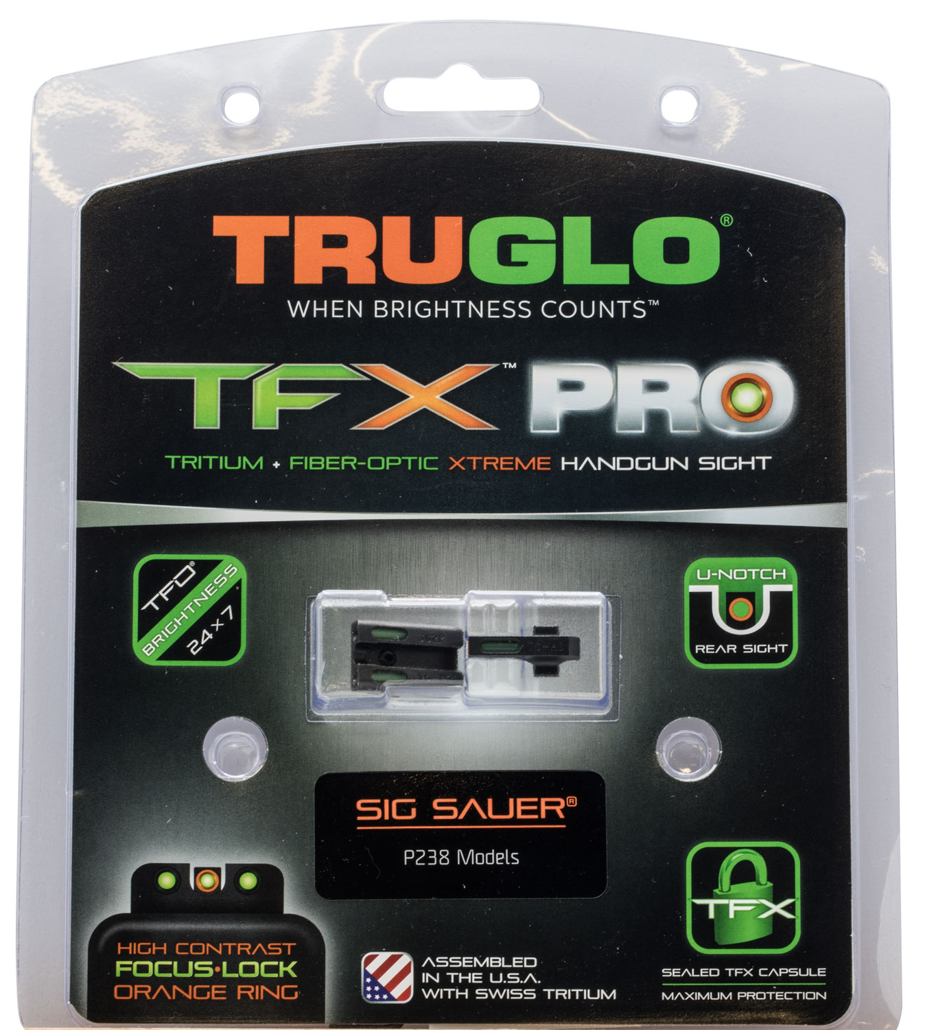 TruGlo TG13SG3PC TFX Pro Black | Green Tritium & Fiber Optic Orange Outline Front Sight Green Tritium & Fiber Optic Rear Sight