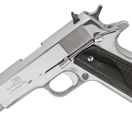 Iver Johnson Arms 1911A138CHRW 1911 A1 Government 70 Series 38 Super 9+1 5" Bright Polish Chrome Serrated Steel Slide & Frame w/Beavertail, Black Dual Textured Diamondwood Grip, Right Hand