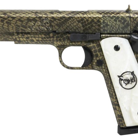 Iver Johnson Arms 1911A1WATERMOCCASIN 1911 A1 Water Moccasin 45 ACP 8+1 5" Black Steel Barrel, Green Snakeskin Hydrographic Serrated Steel Slide & Frame w/Beavertail, White Synthetic Pearl Grip
