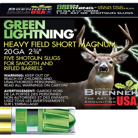 Brenneke SL202HFSGL Green Lightning Heavy Field Short Magnum 20Gauge 2.75" 1oz Slug Shot 5 Per Box/50 Case