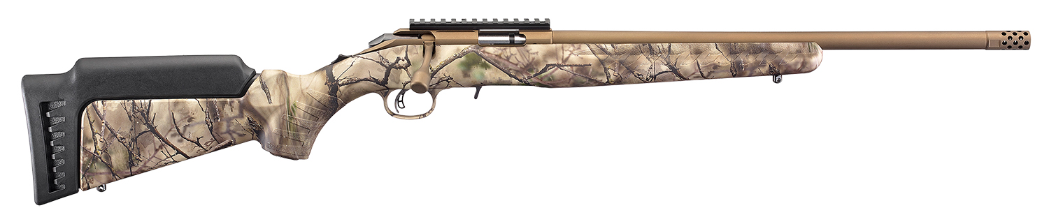 Ruger 8374 American Rimfire Full Size 17 HMR 9+1 18" Bronze Cerakote Threaded Barrel, Picatinny Rail Steel Receiver, GoWild Camo I-M Brush Synthetic Fixed Stock, Right Hand