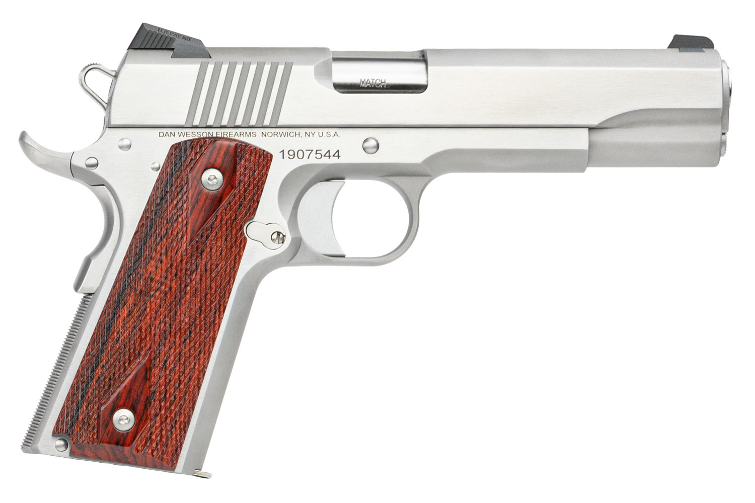 Dan Wesson 01889 Razorback 10mm Auto Caliber with 5" Match Grade Barrel, 8+1 Capacity, Overall Stainless Steel Finish, Beavertail Frame, Serrated Brushed Slide & Cocobolo Grip