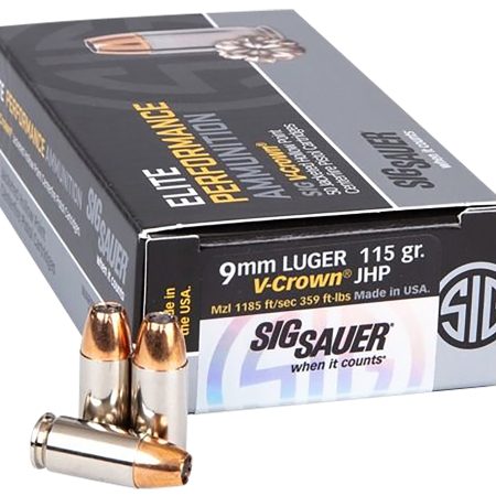 Sig Sauer E9MMA1COMP50 Match Elite Competition  9mmLuger 115gr V-Crown Jacketed Hollow Point 50 Per Box/20 Case