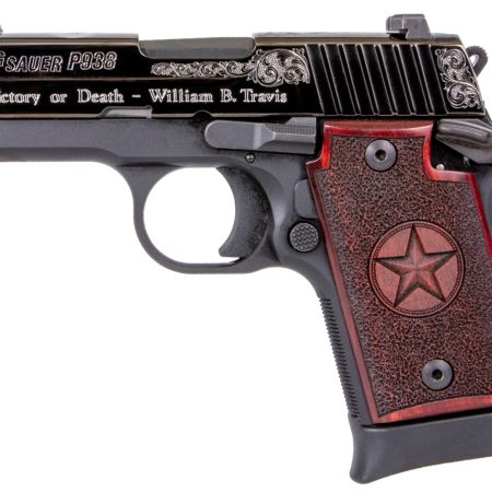 Sig Sauer 9389TXSAMBI P938 Texas Engraved Silver 9mm Luger 3" 7+1 Black Aluminum Frame Black Nitron Stainless Steel with Silver Accents Slide Redwood Grip Night Sights