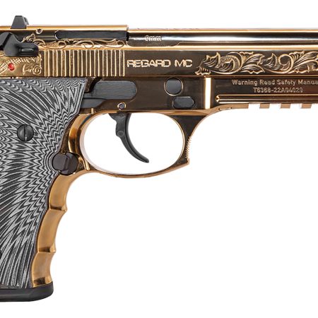 EAA GIRSAN 390088 Regard MC Deluxe 9mm Luger 18+1, 4.90" Stainless Steel Barrel, Gold Plated Serrated w/Engraving Steel Slide & Aluminum Frame w/Picatinny Rail, Black G10 Grip, Ambidextrous