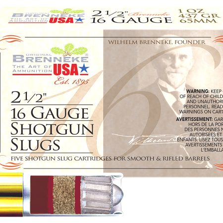 Brenneke SL162BR Brenneke 16  16Gauge 2.50" 1oz Slug Shot 5 Per Box/50 Case