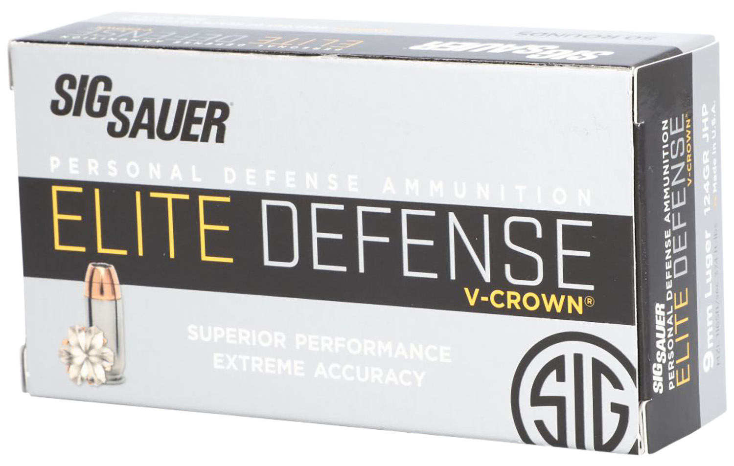 Sig Sauer E9MMA250 Elite Performance 9mmLuger 124gr V-Crown Jacketed Hollow Point 50 Per Box/10 Case