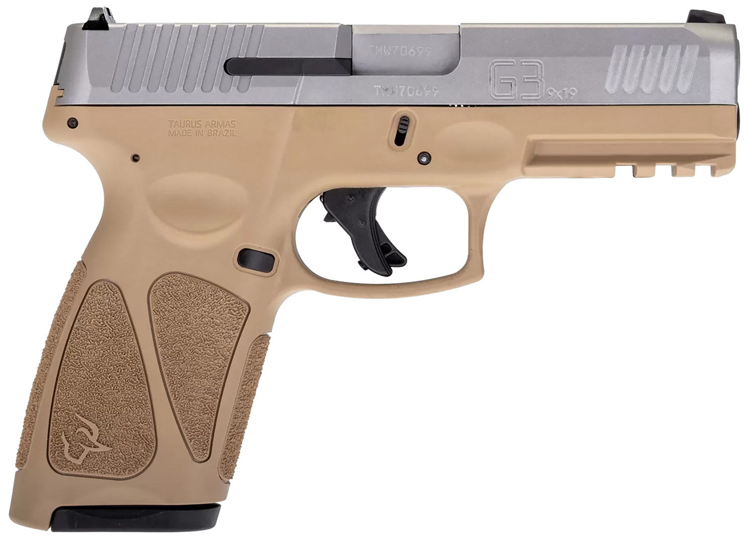 Taurus 1G3B949T15 G3 Full Size Frame 9mm Luger 15+1 4" Matte Stainless Steel Barrel, Matte Serrated Stainless Steel Slide, Tan Polymer Frame w/Picatinny Rail, Tan Polymer Grip, Right Hand