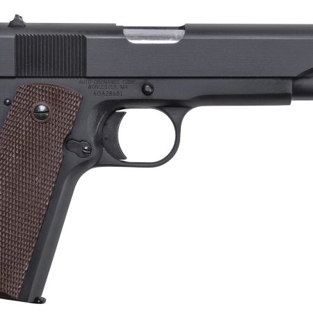 Auto-Ordnance 1911BKOMA 1911 A1 GI Spec *MA Compliant 45 ACP 7+1, 5" Stainless Steel Barrel, Matte Black Serrated Carbon Steel Slide & Frame w/Beavertail, Brown Checkered Polymer Grip