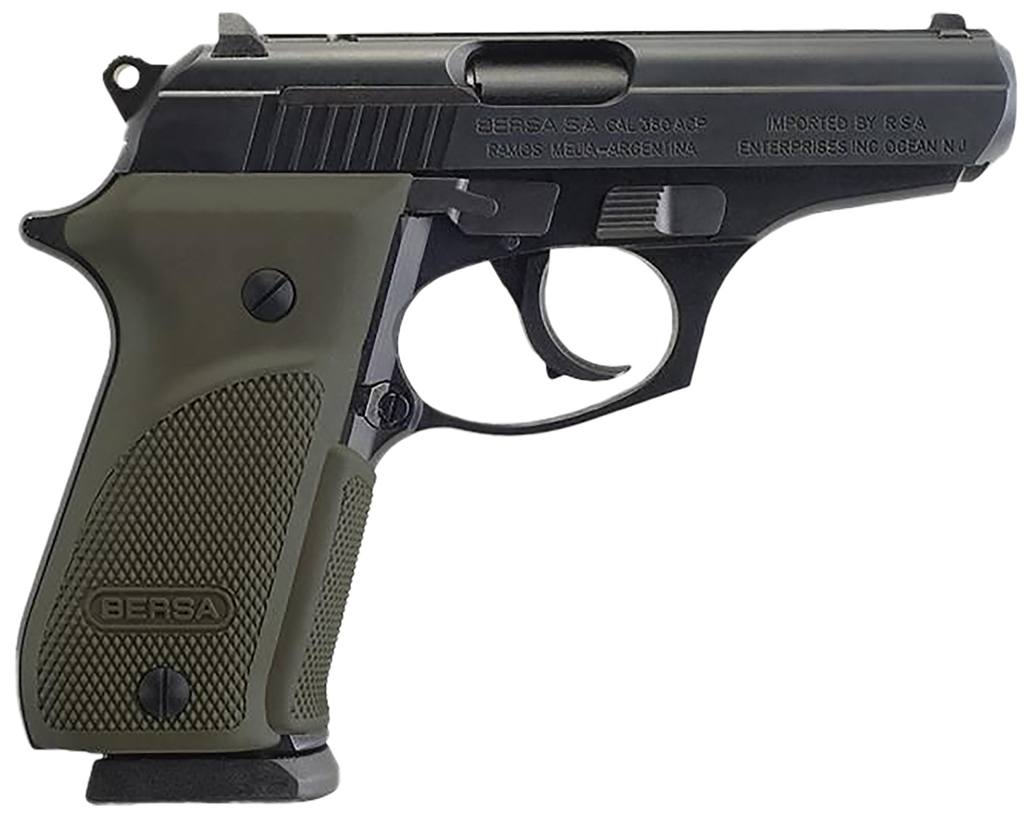 Bersa T380PMC Thunder Combat Sub-Compact Frame 380 ACP 15+1, 3.50" Black Steel Barrel, Matte Black Serrated Steel Slide & Aluminum Frame w/Beavertail, Olive Wrap-Around Grip