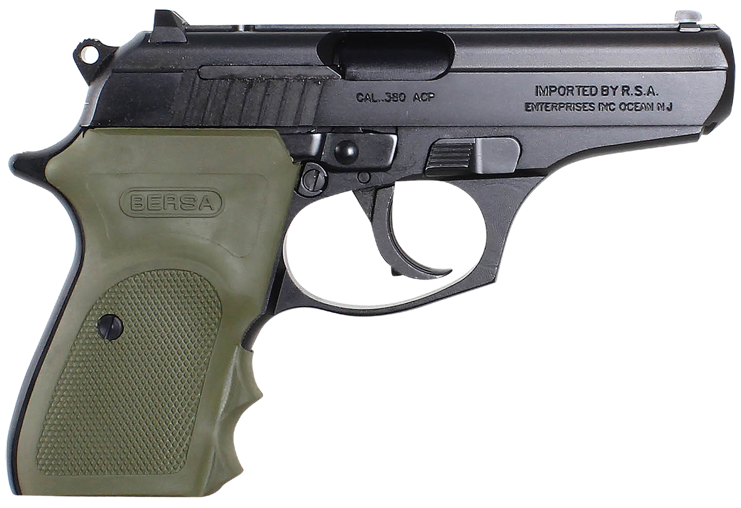 Bersa T380MC Thunder Combat Micro-Compact Frame 380 ACP 8+1, 3.50" Black Steel Barrel, Matte Black Serrated Steel Slide & Aluminum Frame w/Beavertail, Olive Wrap-Around Grip