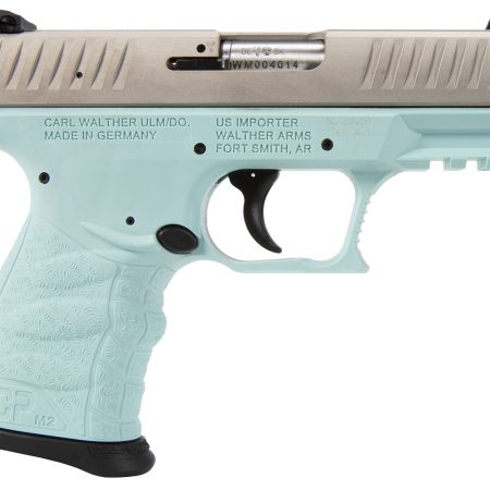 Walther Arms 5083512 CCP M2 + 9mm Luger 8+1 3.54" Barrel, Angel Blue Finish Picatinny Rail Frame, Serrated Sliver Stainless Steel Slide, Finger Grooved Polymer Grip