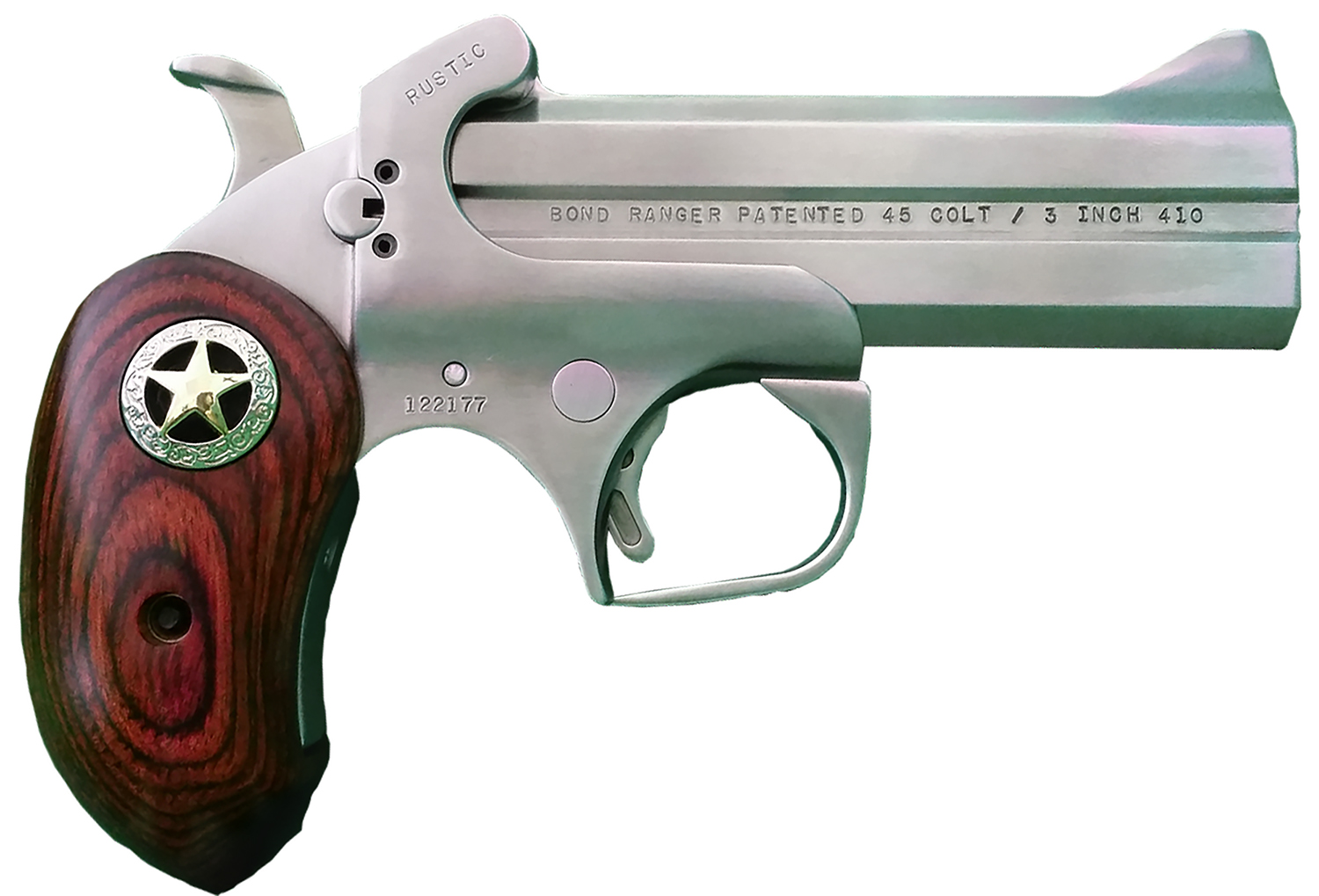 Bond Arms BARR Rustic Ranger 45 Colt (LC) 410 Gauge 2rd Shot 4.25" Matte Stainless Stainless Stainless Steel Frame Rosewood w/Integrated Star Grips