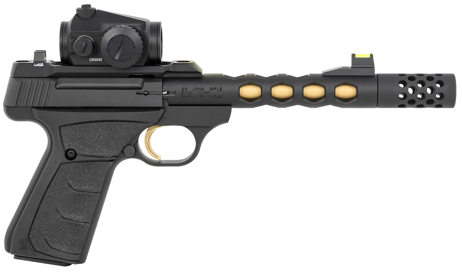 Browning 051582490 Buck Mark Vision SR 22 LR 10+1 5.90" Black Anodized/Gold Cerakote Ported Threaded Barrel, Matte Black Serrated Slide & Aluminum Frame, Vortex Crossfire Red Dot