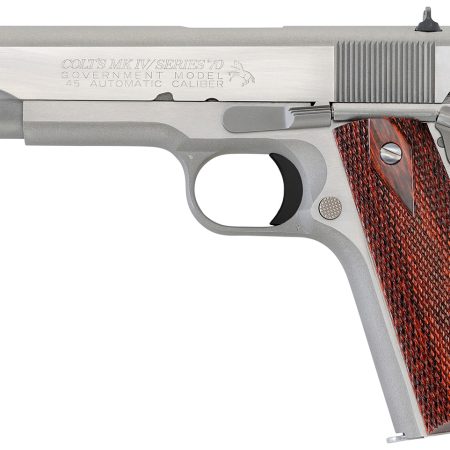 Colt Mfg O1070A1CS 1911 Government 45 ACP 8+1 5" Stainless National Match Barrel, Brushed Stainless Serrated Slide & Frame w/Beavertail, Double Diamond Checkered Wood Grip