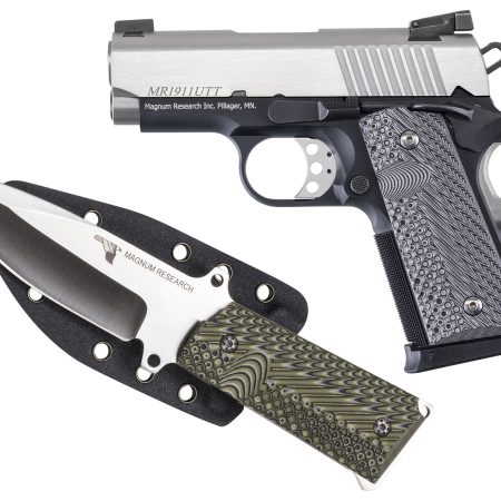 Kahr Arms DE1911UTTK Desert Eagle 1911 U w/1911 Knife 45 ACP 6+1 3" Stainless Serrated Slide, Two-Tone w/Black Finish Aluminum Frame w/Beavertail, Black/Gray G10 Grips