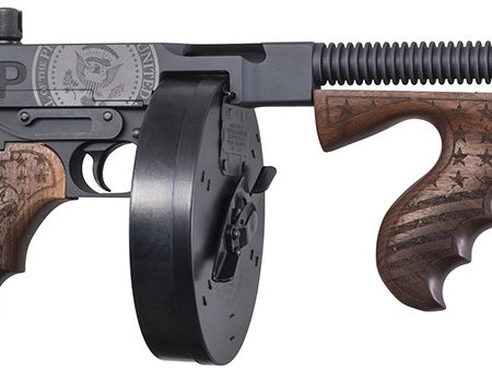 Thompson T1-14-50DC2 1927A-1 Deluxe 45 ACP 16.50" 20+1 (Stick), 50+1 (Drum), Trump Save America Engraved, Sniper Gray/Black Finish, American Walnut Furniture, Compensator