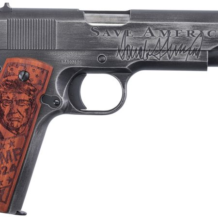 Auto-Ordnance 1911BKOC12 1911 Trump Save America 45 ACP  5" Barrel 7+1, Distressed Armor Black Cerakote, Carbon Steel Beavertail Frame, Serrated Engraved Slide, Custom Engraved Goncalo Wood Grip
