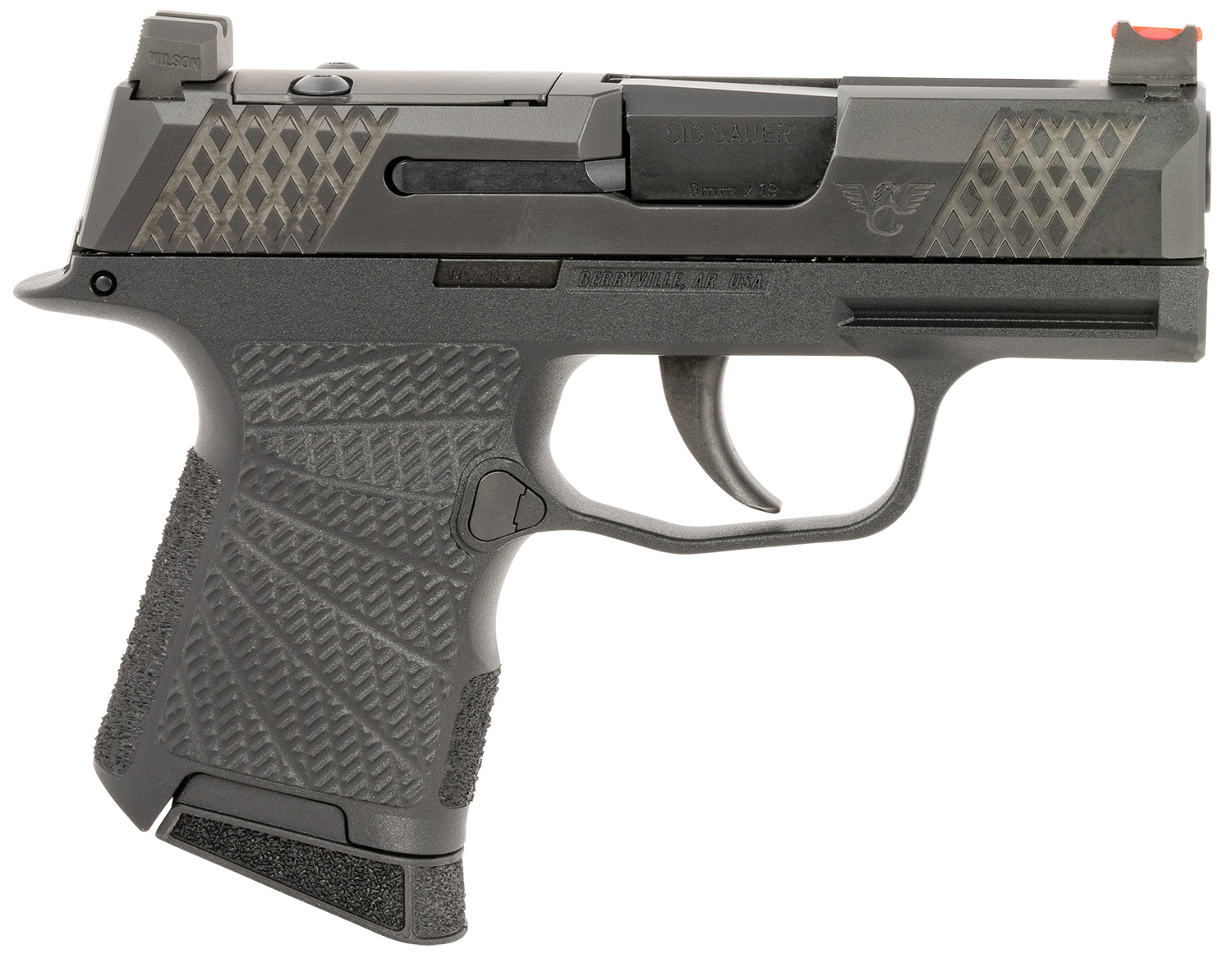 Wilson Combat SIGWCP3659BSR P365 9mm Luger 10+1 (2) 3.10", Black, RMRSc Optic Cut Slide with X-Tac Pattern Serrations, Polymer Frame, Sunburst Grips, Optic Height Fiber Optic Sights, Standard Trigger