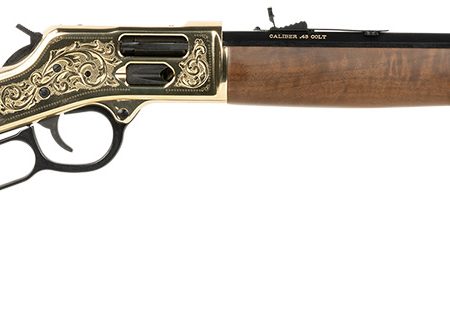 Henry H006GCD Deluxe Side Gate  Full Size 45 Colt (Long Colt) 10+1 20" Blued Octagon Barrel, Polished Brass Engraved Receiver, Drilled & Tapped, Fixed American Walnut Stock Ambidextrous