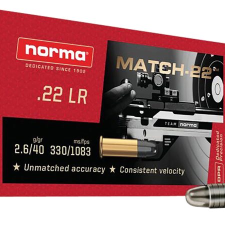 Norma Ammunition 2425076 Dedicated Precision Match 22LR 40gr Lead Round Nose 50 Per Box/100 Case