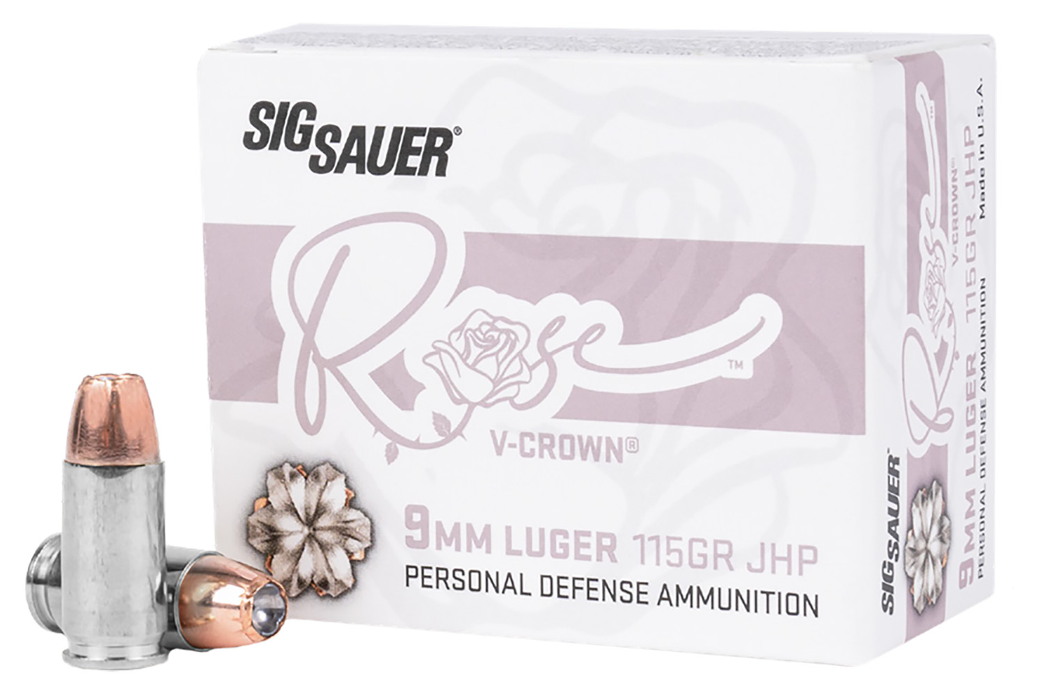 Sig Sauer E9MMA1ROSE20 Rose 9mm Luger 115gr V-Crown Jacketed Hollow Point 20 Per Box/10 Case