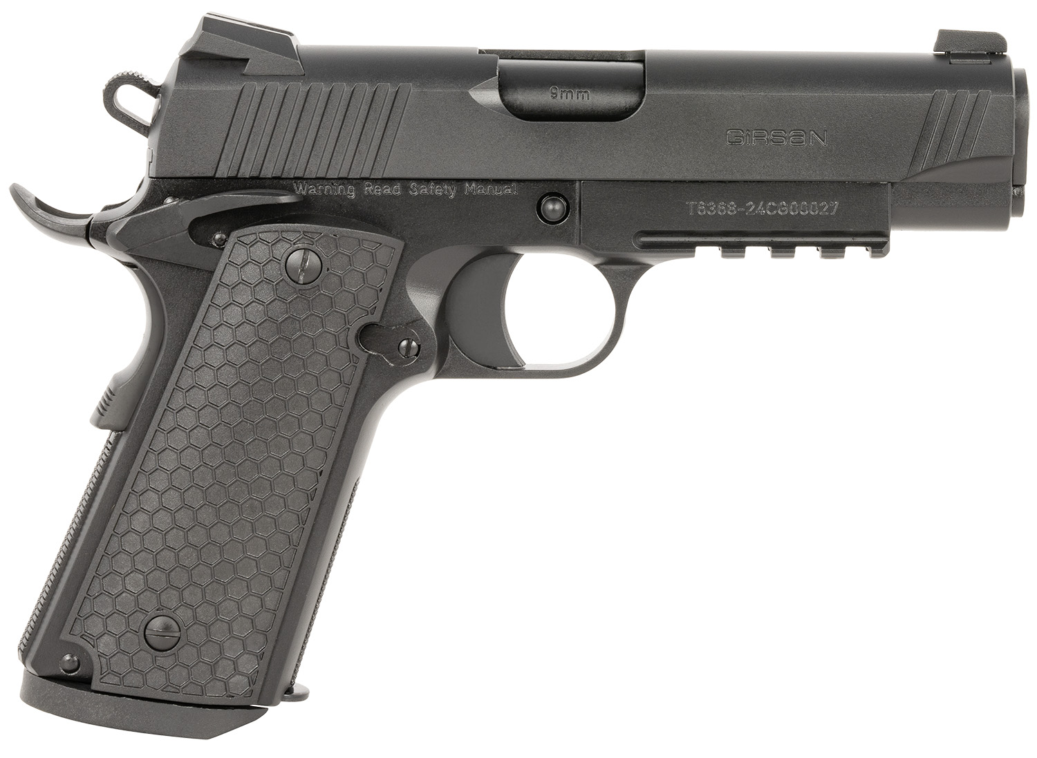 Girsan 392070 MC1911 C Untouchable Compact Frame 45 ACP 8+1 4.40" Black Steel Barrel, Black Serrated Steel Slide & Frame w/Beavertail & Picatinny Rail, Black Polymer Grip