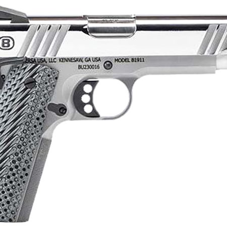Bersa B19117050PMBG B1911 Mirror Full Size Frame 45 ACP 8+1 5" Stainless Steel Barrel, Polished Stainless Serrated Steel Slide, Stainless Steel Frame w/Beavertail, Gray VZ Grip, Ambidextrous