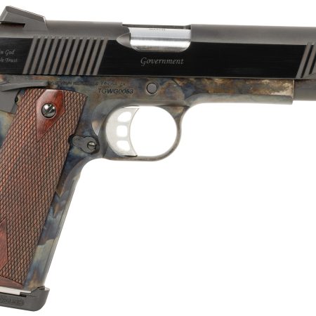 Tyler Gun Works TGWGVCC45 Custom 1911 Government Full Size Frame 45 ACP 7+1 5" Stainless Match Grade Barrel, Blued Serrated Steel Slide, Color Case Steel Frame w/Beavertail, Walnut Grip