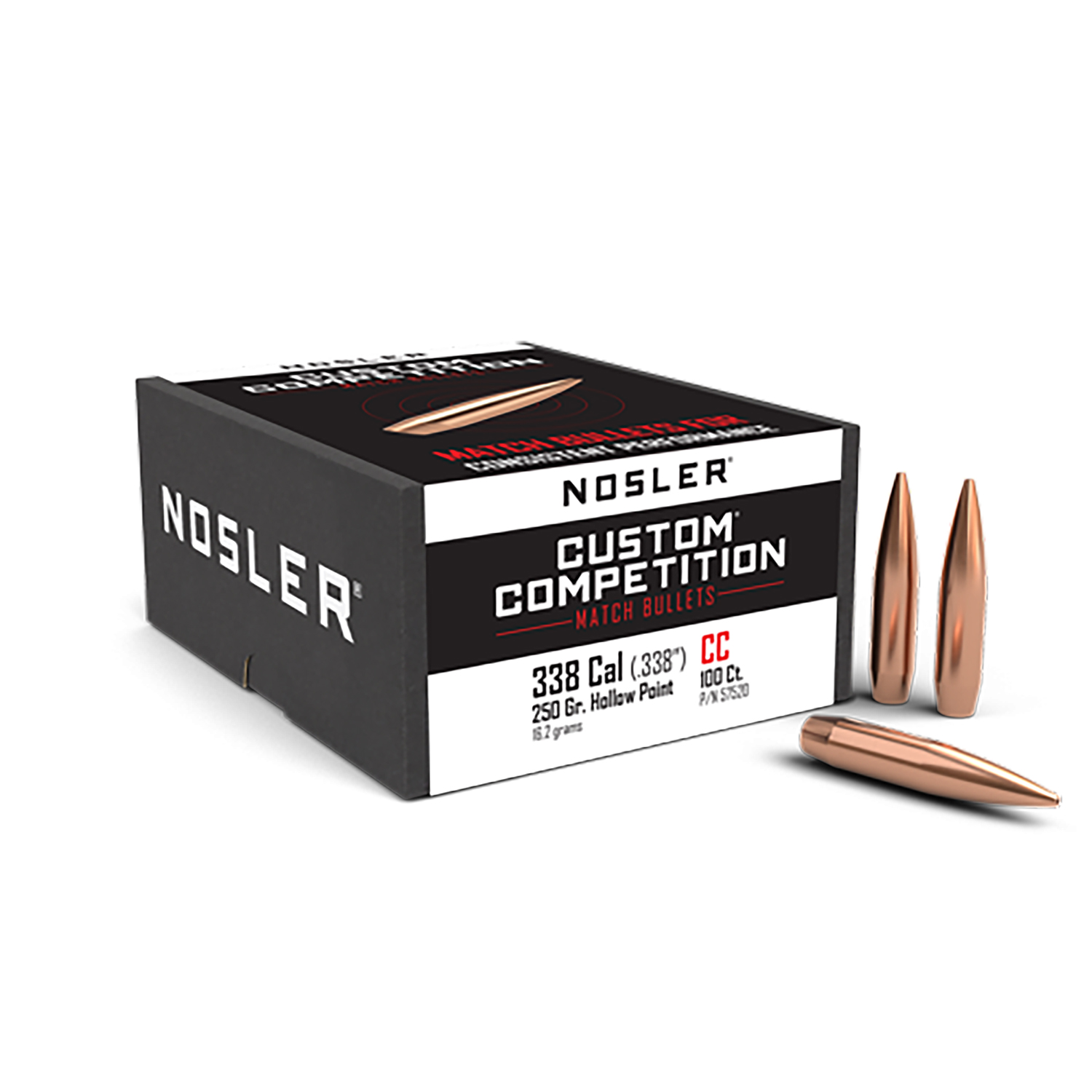Nosler 57520 Custom Competition 338Cal 250gr Hollow Point Boat Tail 100/Box