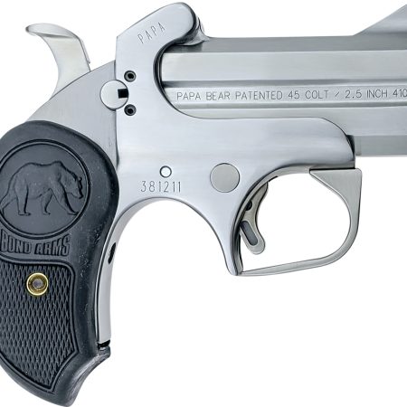 Bond Arms BAPB Papa Bear  45 Colt (LC)/410 Gauge 2rd 3" Stainless Steel Double Barrel & Frame, Auto Extractors & Rebounding Hammer, Blade Front/Fixed Rear Sights, Extended Rubber Grip, Manual Safety