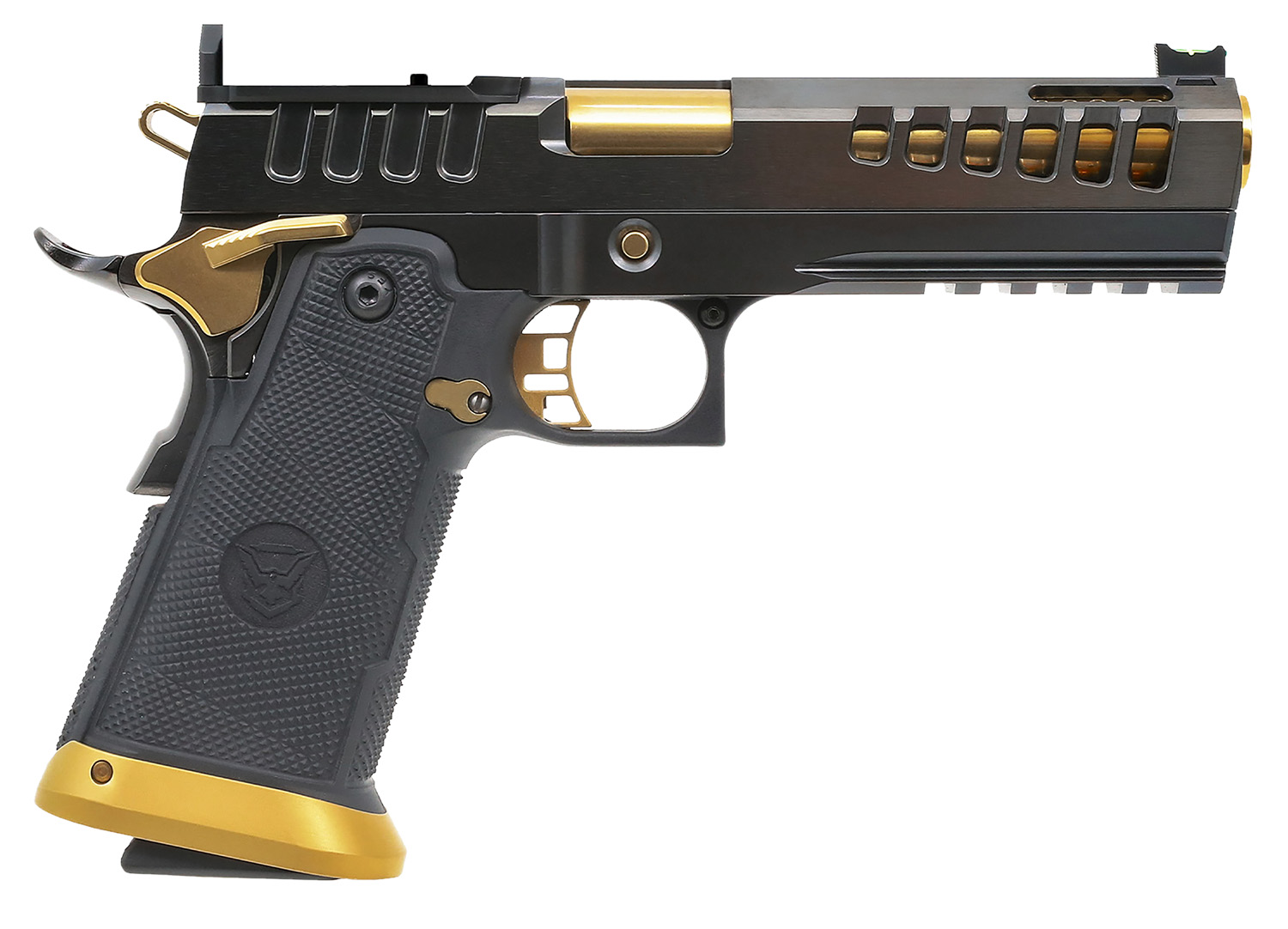 Watchtower Firearms DEMOLITIA9MM5ELITE Demolitia Full Size Frame 9mm Luger 20+1 5" Gold Plated PVD Ported Barrel, Graphite PVD Optic Cut/Serrated Steel Slide, Graphite PVD Frame, Black Textured Grip