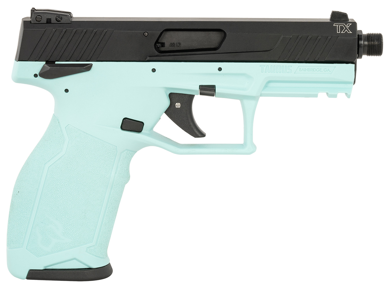 Taurus 1-TX22141C10 TX22 Full Size Frame 22 LR 10+1 4.10" Matte Black Threaded Barrel, Matte Black Serrated Slide, Cyan Polymer Frame w/Picatinny Rail, Textured Grip