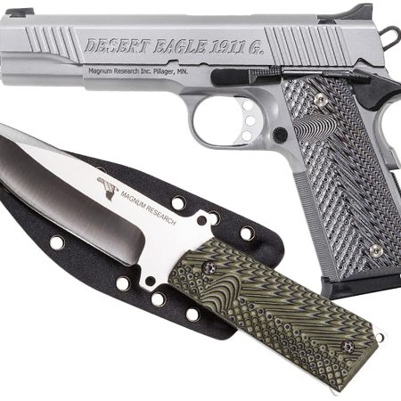 Magnum Research DE1911GSS-K Desert Eagle 1911  w/ 1911 Fixed Blade Knife 45 ACP 8+1 5.01" Stainless Steel Slide Matte Stainless Steel Black/Gray G10 Grip