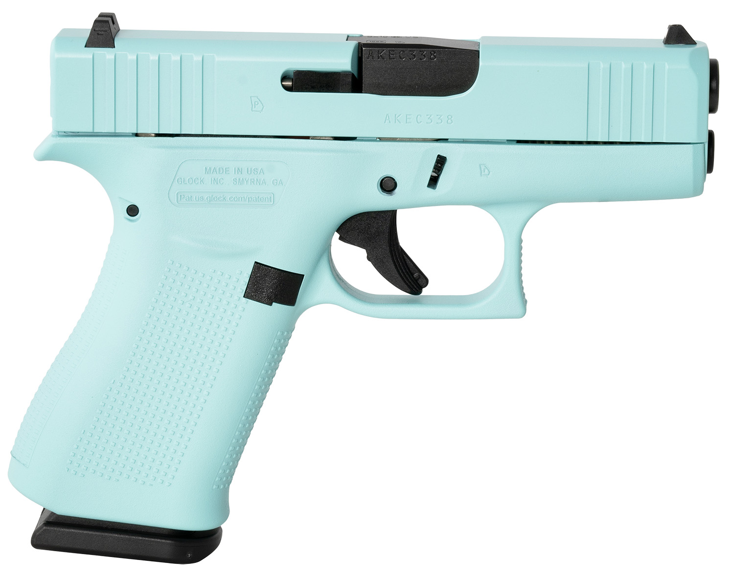 Glock UX4350204REB G43X Slim Sub-Compact Frame 9mm Luger 10+1 3.41" Black GMB Barrel, Robins Egg Blue Cerakote Serrated Steel Slide, Robin Egg Blue Cerakote Polymer Frame w/Beavertail, USA Made