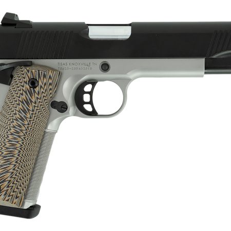Tisas 10100803 1911 D10 FO Full Size Frame 10mm Auto 8+1 5" Hard Chrome Plated Steel Barrel, Black Cerakote Steel Serrated Slide, Stainless Steel Frame w/Beavertail, Black/Tan G10 Grip