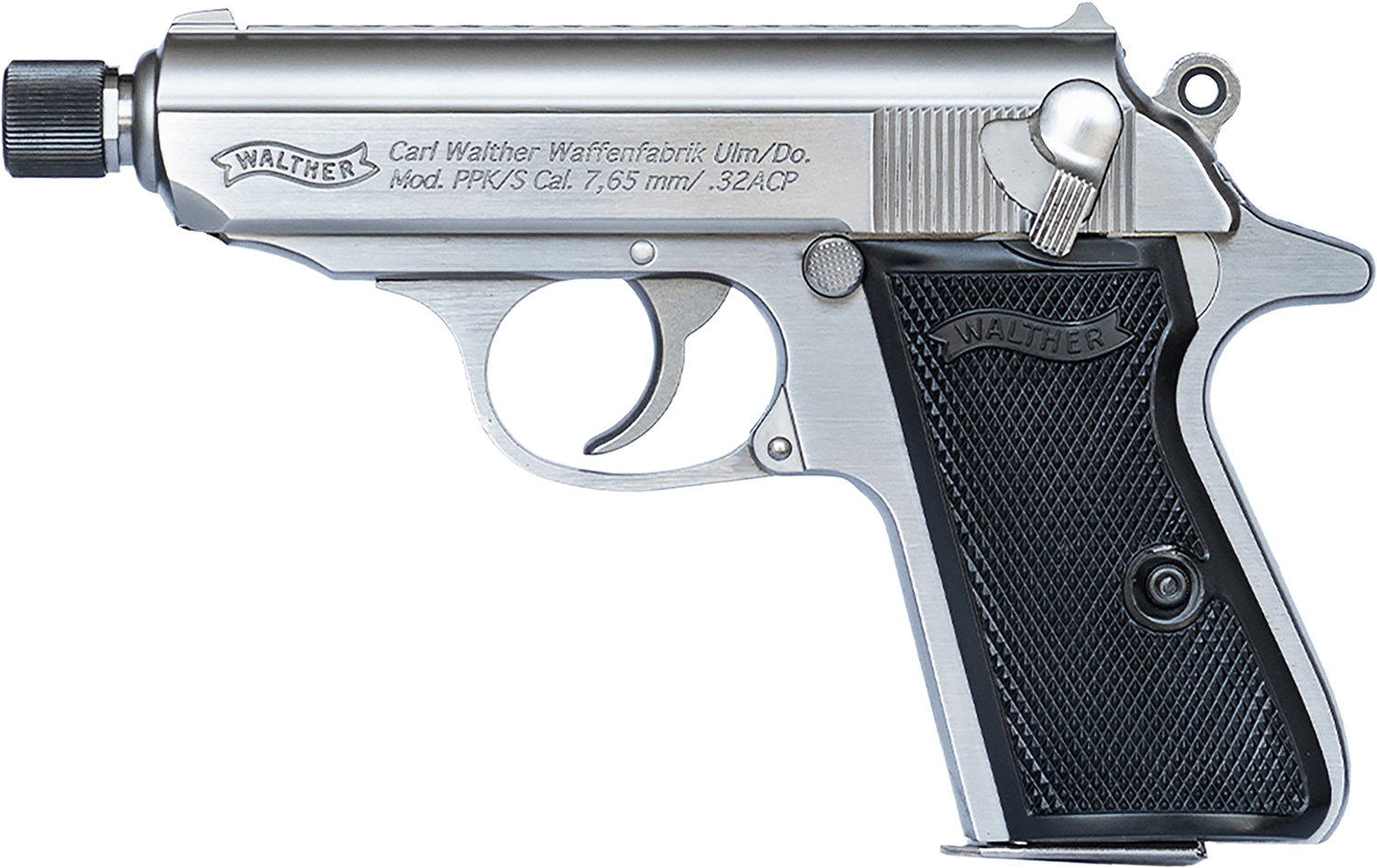 Walther Arms 4796044 PPK/S Carry Frame 32 ACP 7+1 3.30" Stainless Steel Threaded Barrel, Stainless Serrated Steel Slide, Stainless Aluminum Frame w/Beavertail, Textured Polymer Grip